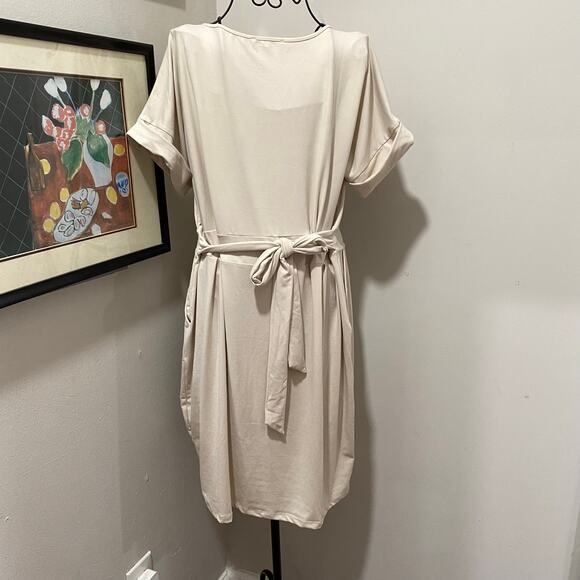 Zenana Cream Dress Size Large Short Sleeve Stretch Knit with Tie Back Belt - Picture 4 of 11